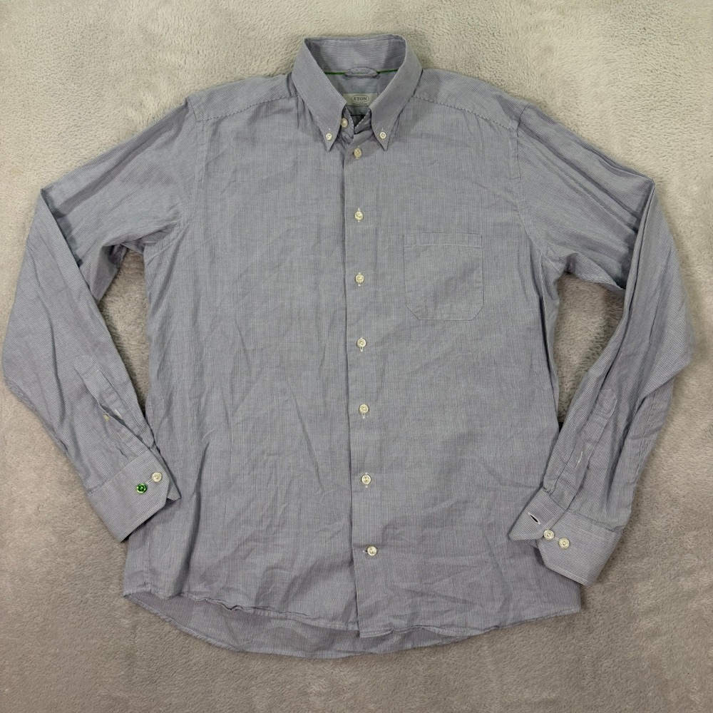Eton Mens 16 41 Large Button Down Shirt Contemporary Blue White Micro Stripe
